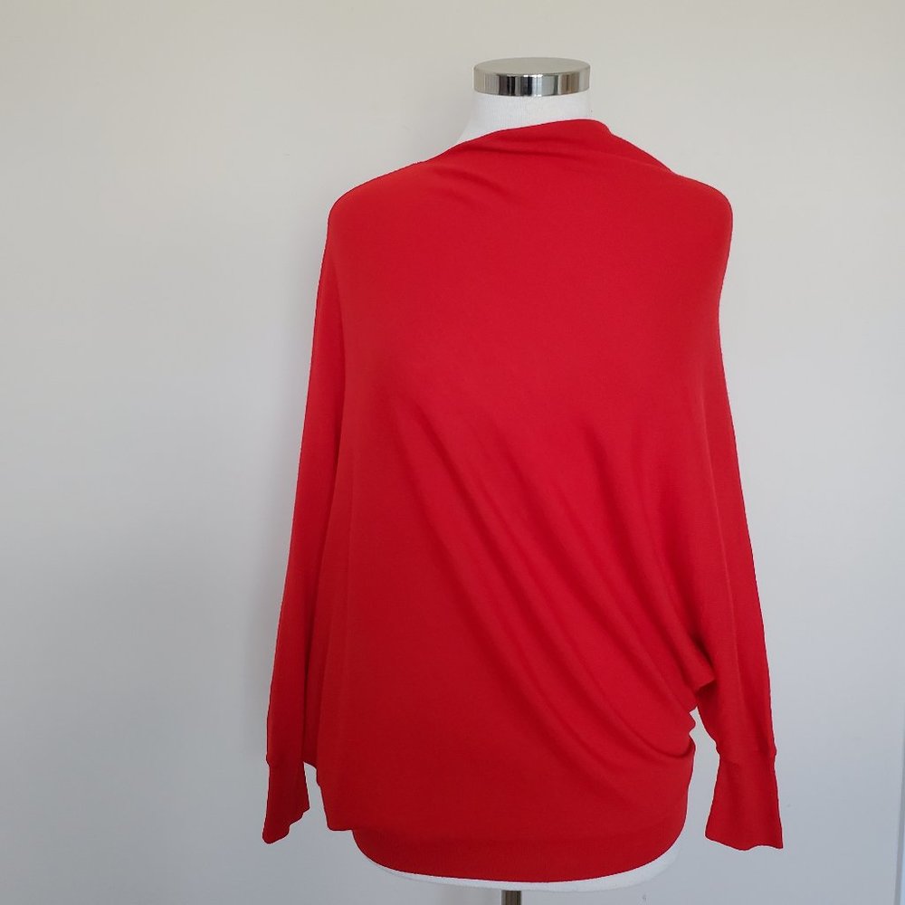 St John Boutiques Red Asymmetrical Wool Knit Sweater Slouchy Unique Pullover Med